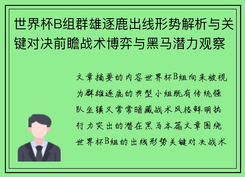 世界杯B组群雄逐鹿出线形势解析与关键对决前瞻战术博弈与黑马潜力观察
